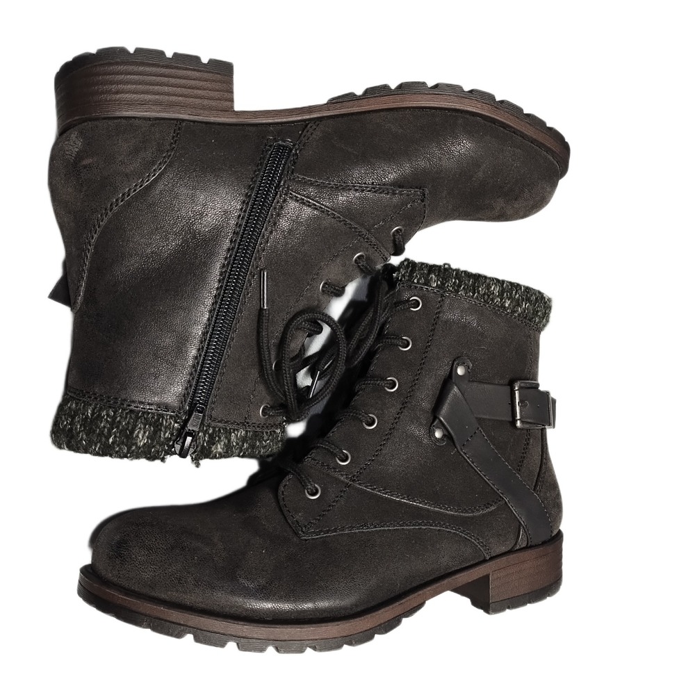 Crown Vintage Racine Combat Boots Womens Size 8.5M Black Side Zip Buckle Strap